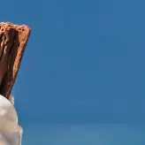 An ice cream with a flake with the beach in the background