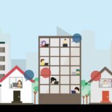A colourful animated image of a hybrid workforce, with people working in different locations and buildings