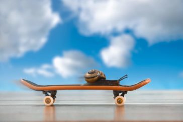 A snail riding on a skateboard