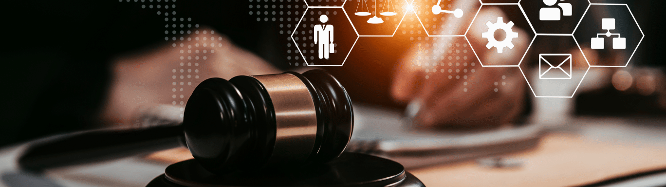 A black judges gavel with digital symbols appearing