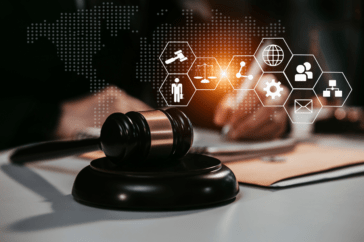 A black judges gavel with digital symbols appearing